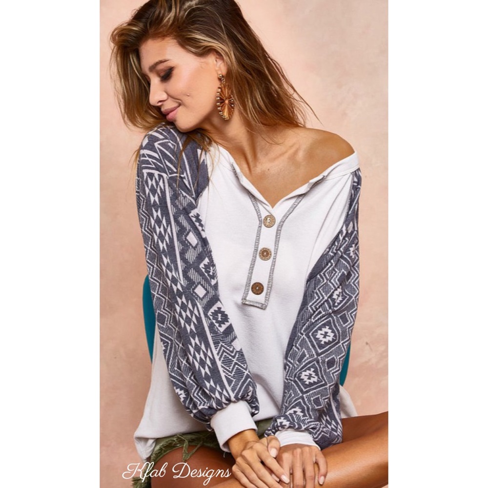 - LAST 1! French Terry Super Soft Aztec Sleeve Henley! - Picture 6 of 10